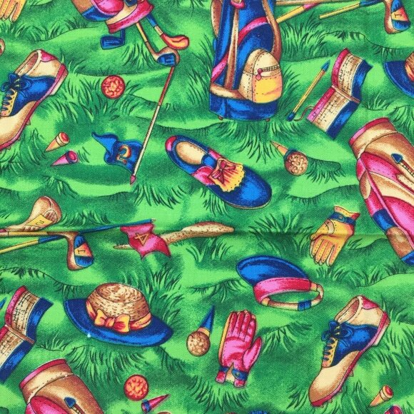 FQ Fat Quarter Quilting Fabric 18" x 22" Golf Golfing Bag Clubs Shoes Green Blue - Picture 5 of 6